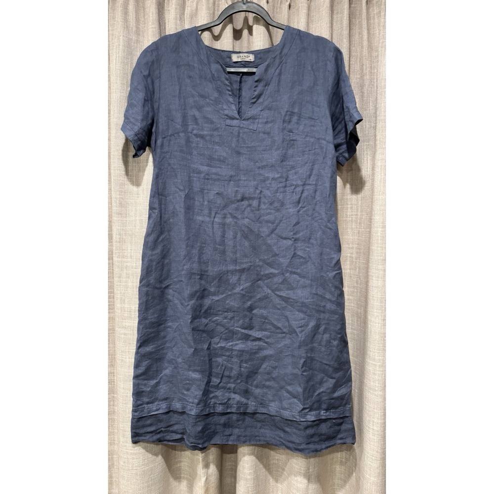 Anthropologie Grand Dress Medium Navy Blue Linen Shift  Minimalist Pockets